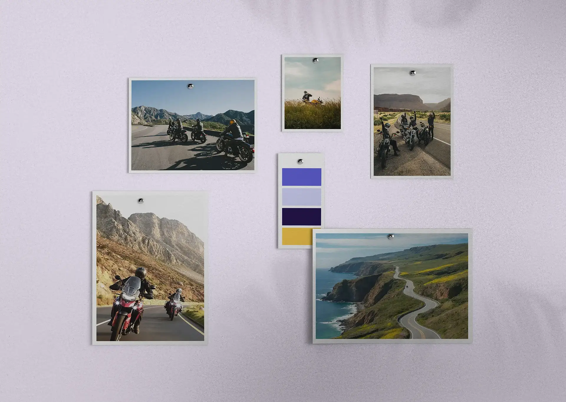 Moodboard On Wheels présentant l’univers visuel de la moto, des balades en groupe, des routes panoramiques et la palette de couleurs de la marque.